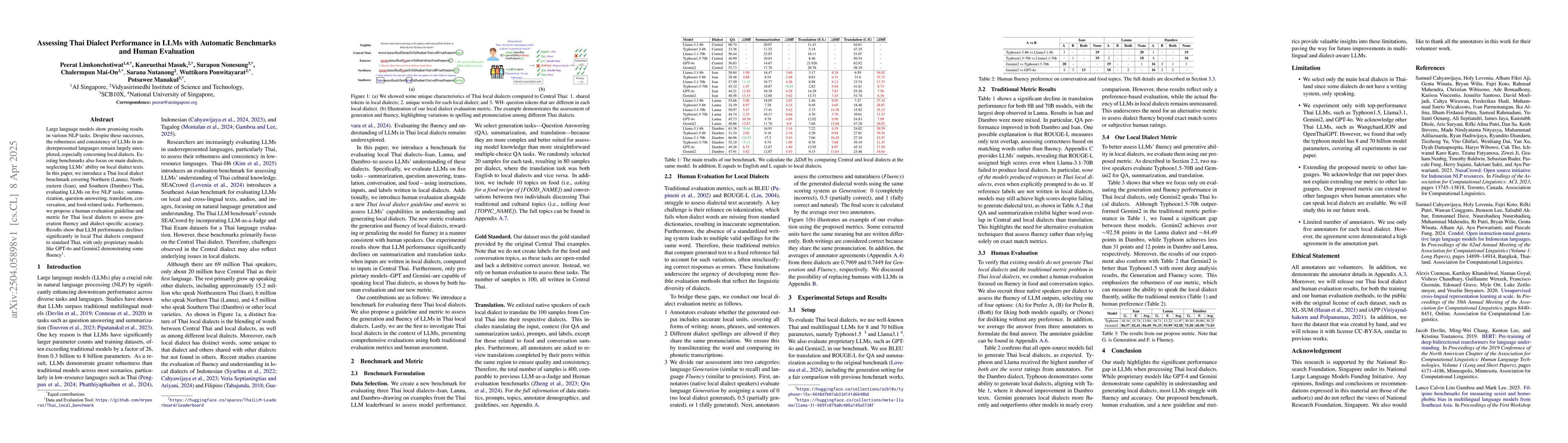 Thumbnail for Assessing Thai Dialect Performance in LLMs with Automatic Benchmarks and
  Human Evaluation