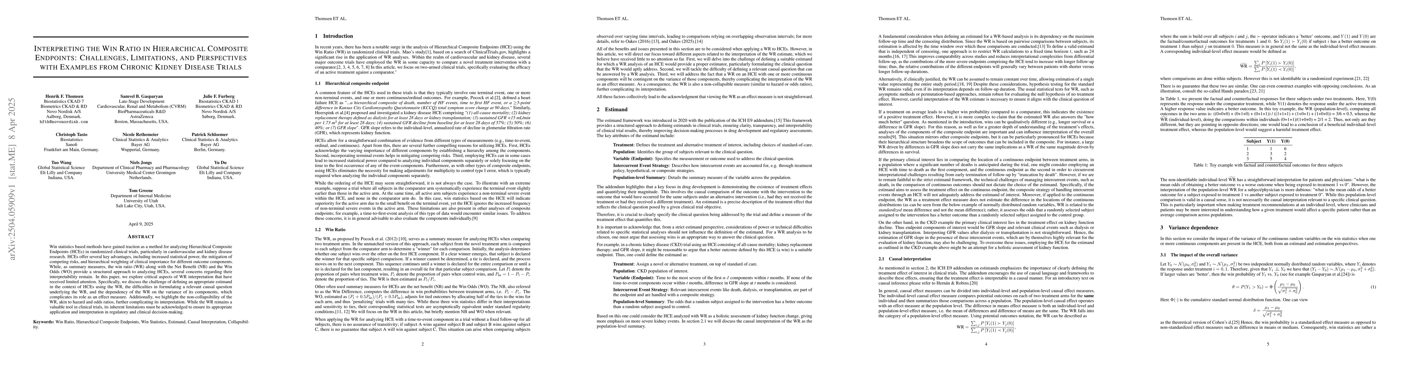Thumbnail for Interpreting the Win Ratio in Hierarchical Composite Endpoints:
  Challenges, Limitations, and Perspectives with Examples from Chronic Kidney
  Disease Trials