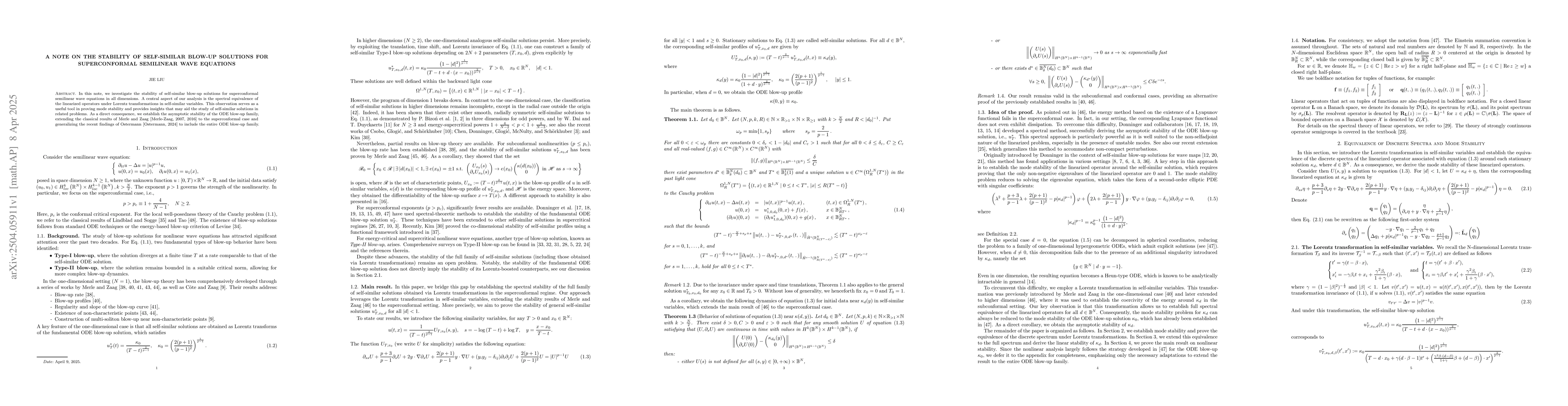 Thumbnail for A note on the stability of self-similar blow-up solutions for
  superconformal semilinear wave equations