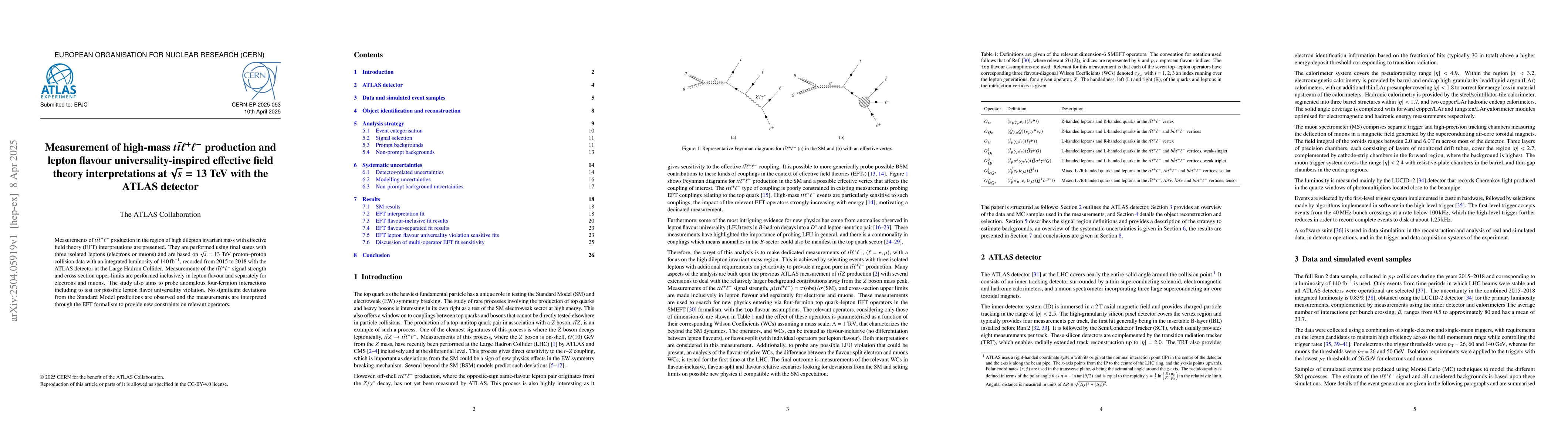 Thumbnail for Measurement of high-mass $t\bar{t}\ell^{+}\ell^{-}$ production and
  lepton flavour universality-inspired effective field theory interpretations
  at $\sqrt{s}=13$ TeV with the ATLAS detector