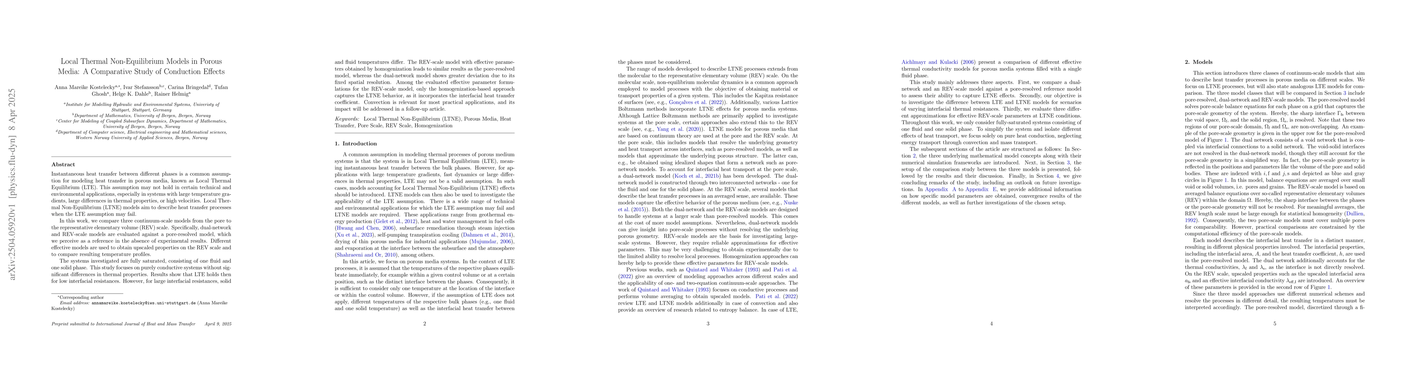 Thumbnail for Local Thermal Non-Equilibrium Models in Porous Media: A Comparative
  Study of Conduction Effects