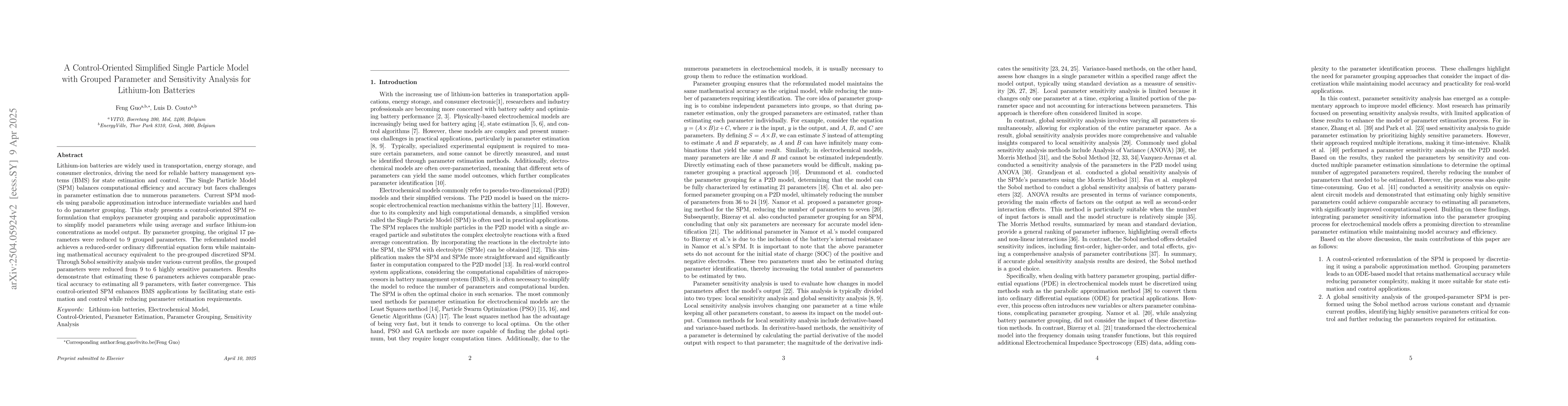 Thumbnail for A Control-Oriented Simplified Single Particle Model with Grouped
  Parameter and Sensitivity Analysis for Lithium-Ion Batteries