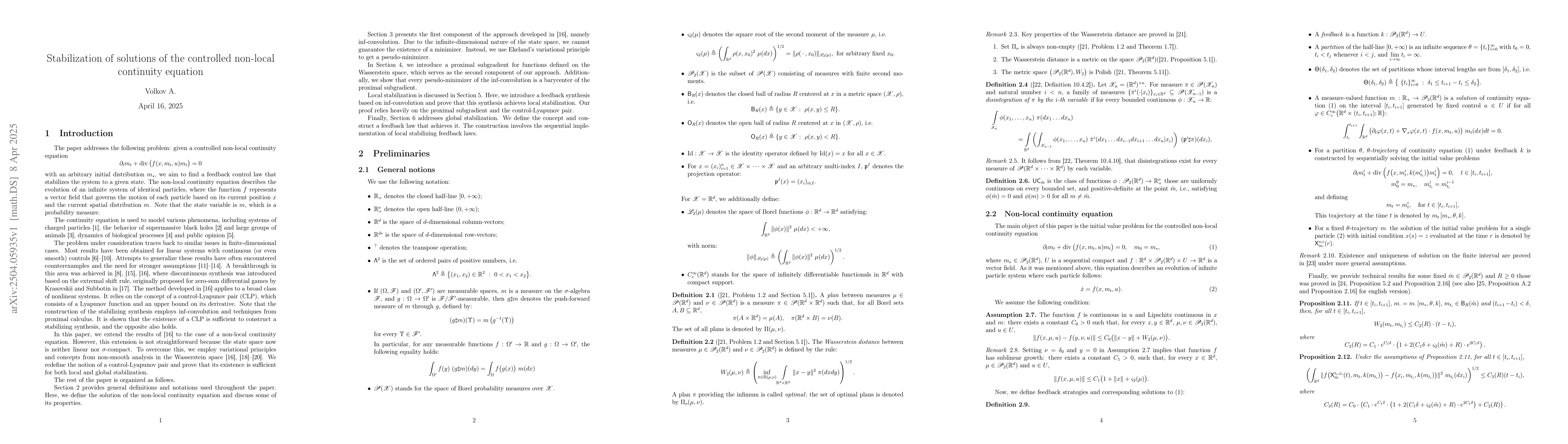 Thumbnail for Stabilization of solutions of the controlled non-local continuity
  equation