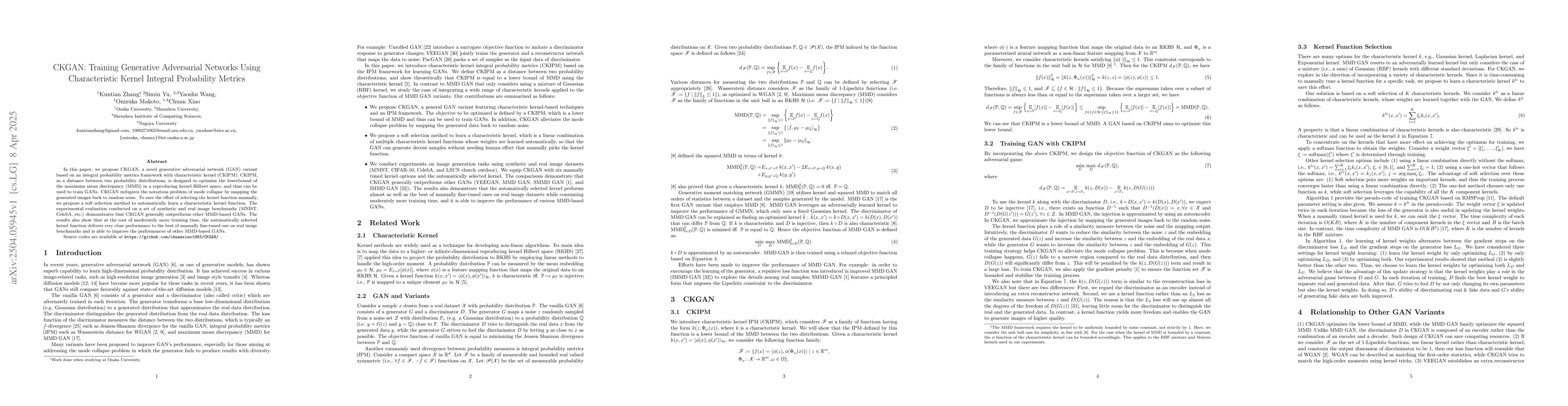 Thumbnail for CKGAN: Training Generative Adversarial Networks Using Characteristic
  Kernel Integral Probability Metrics