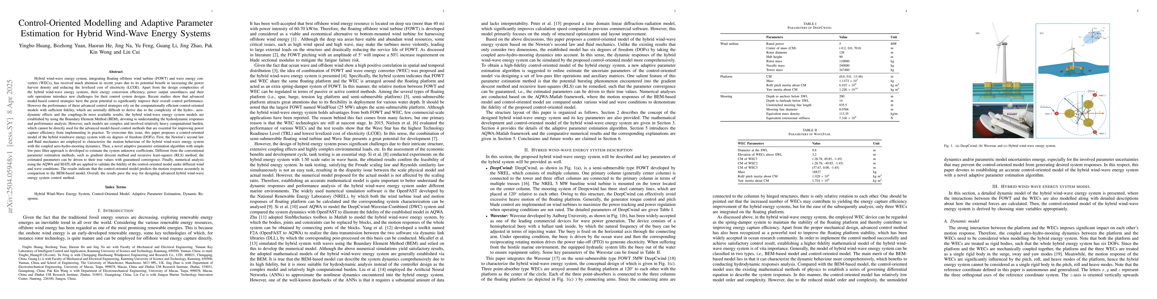 Thumbnail for Control-Oriented Modelling and Adaptive Parameter Estimation for Hybrid
  Wind-Wave Energy Systems
