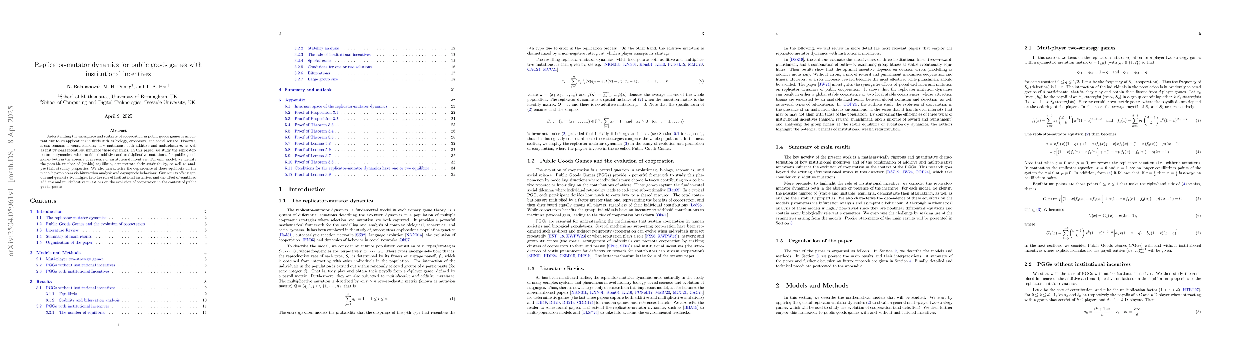 Thumbnail for Replicator-mutator dynamics for public goods games with institutional
  incentives