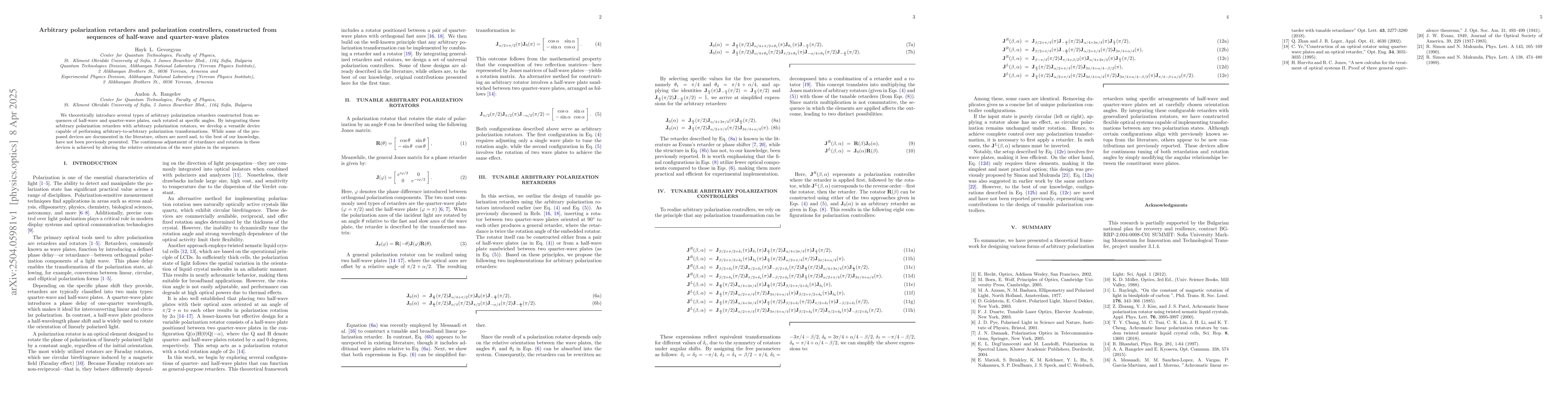 Thumbnail for Arbitrary polarization retarders and polarization controllers,
  constructed from sequences of half-wave and quarter-wave plates