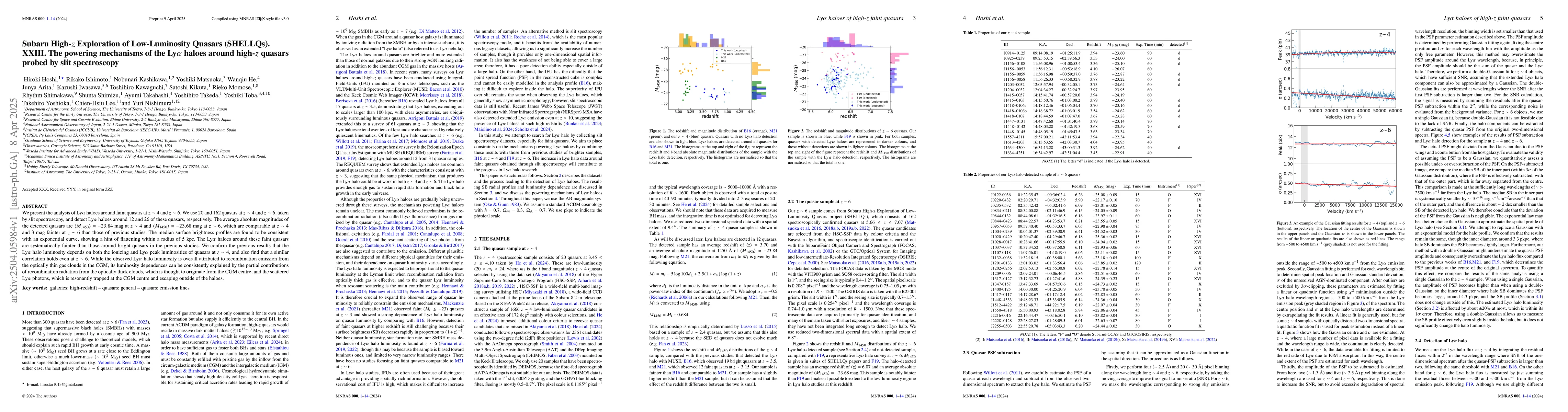 Thumbnail for Subaru High-$z$ Exploration of Low-Luminosity Quasars (SHELLQs). XXIII.
  The powering mechanisms of the Ly$α$ haloes around high-$z$ quasars
  probed by slit spectroscopy