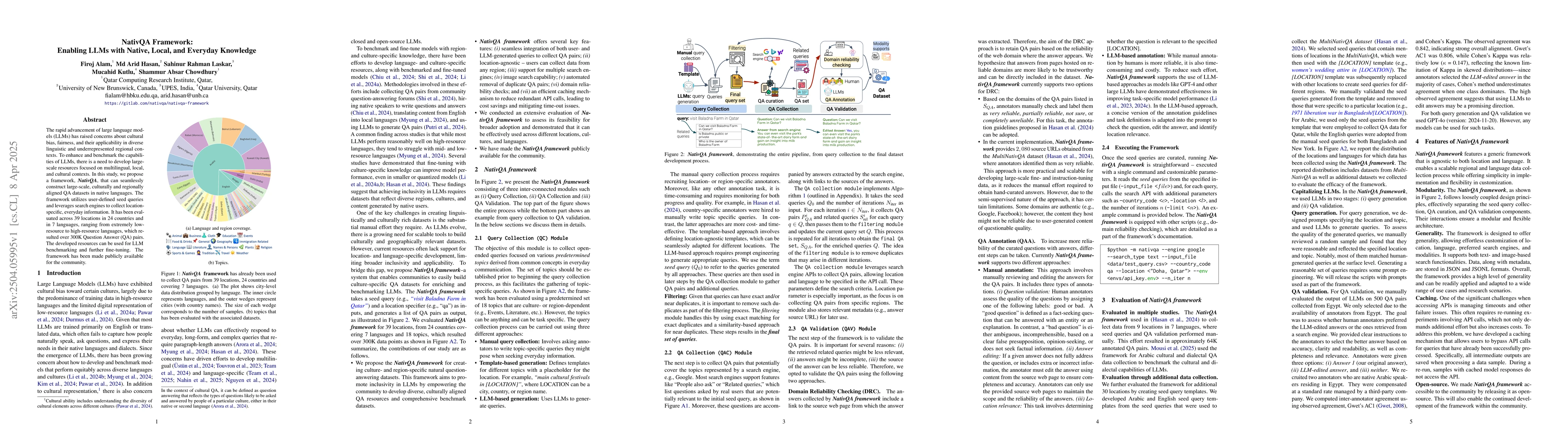 Thumbnail for NativQA Framework: Enabling LLMs with Native, Local, and Everyday
  Knowledge