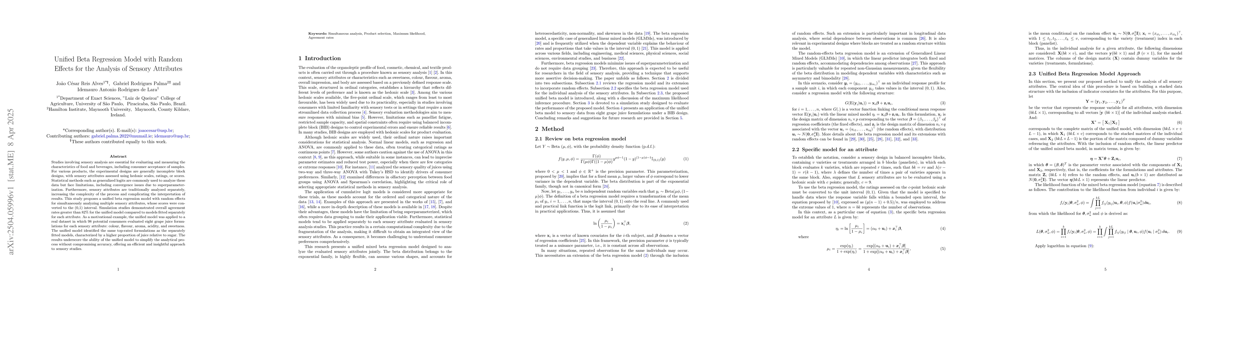 Thumbnail for Unified Beta Regression Model with Random Effects for the Analysis of
  Sensory Attributes