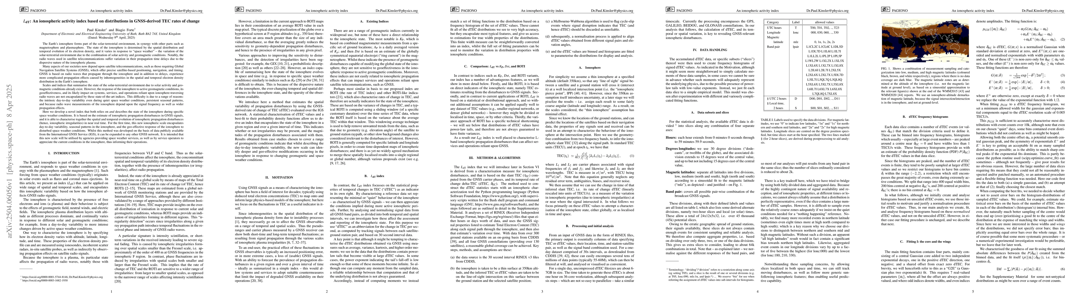 Thumbnail for $L_\textrm{dT}$: An ionospheric activity index based on distributions in
  GNSS-derived TEC rates of change