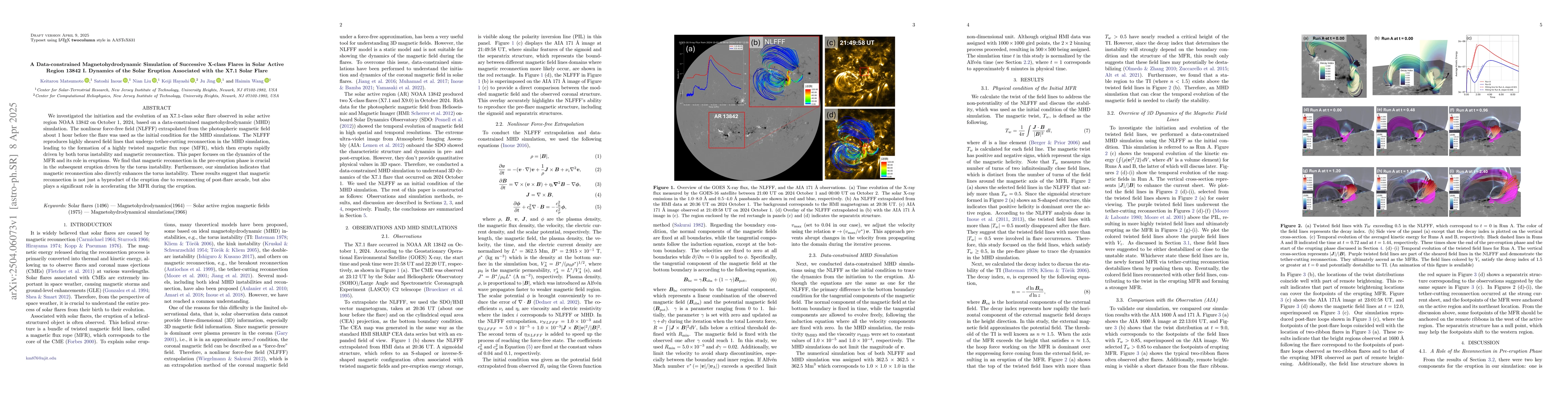 Thumbnail for A Data-constrained Magnetohydrodynamic Simulation of Successive X-class
  Flares in Solar Active Region 13842 I. Dynamics of the Solar Eruption
  Associated with the X7.1 Solar Flare