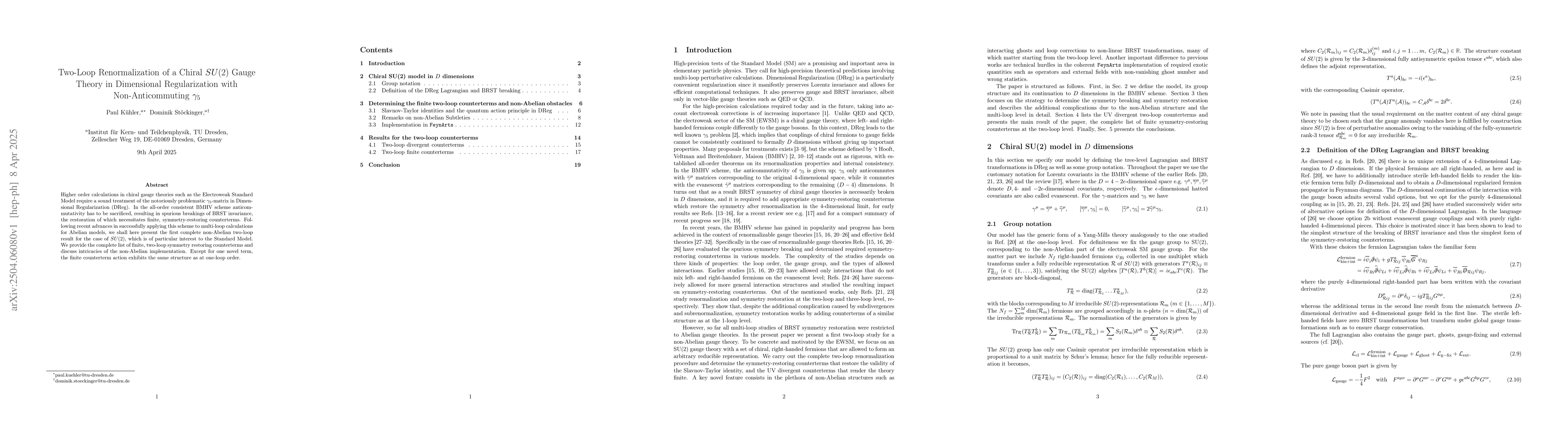 Thumbnail for Two-Loop Renormalization of a Chiral $SU(2)$ Gauge Theory in Dimensional
  Regularization with Non-Anticommuting $γ_5$
