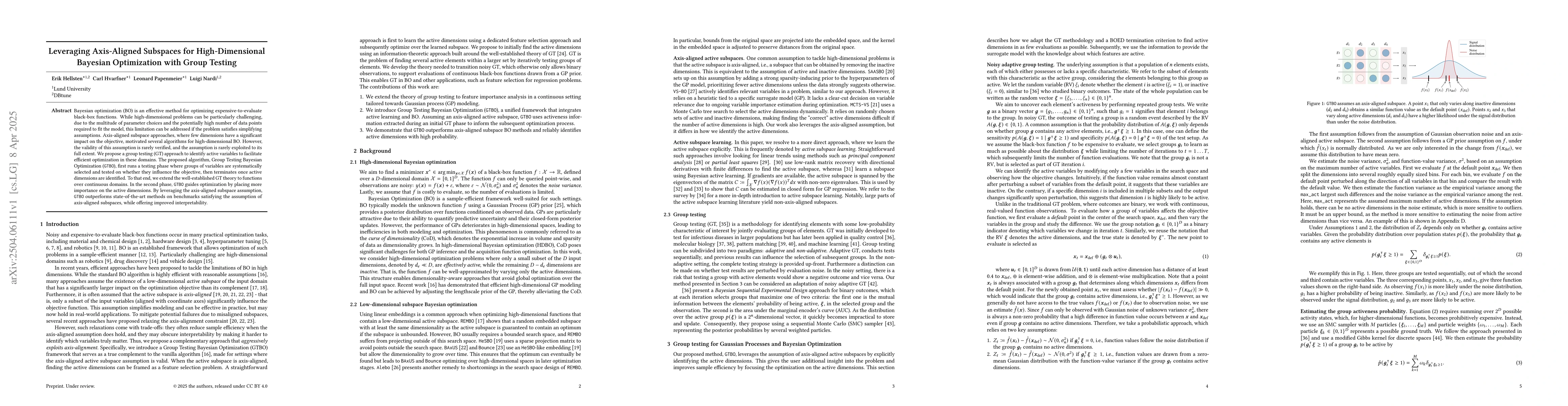 Thumbnail for Leveraging Axis-Aligned Subspaces for High-Dimensional Bayesian
  Optimization with Group Testing