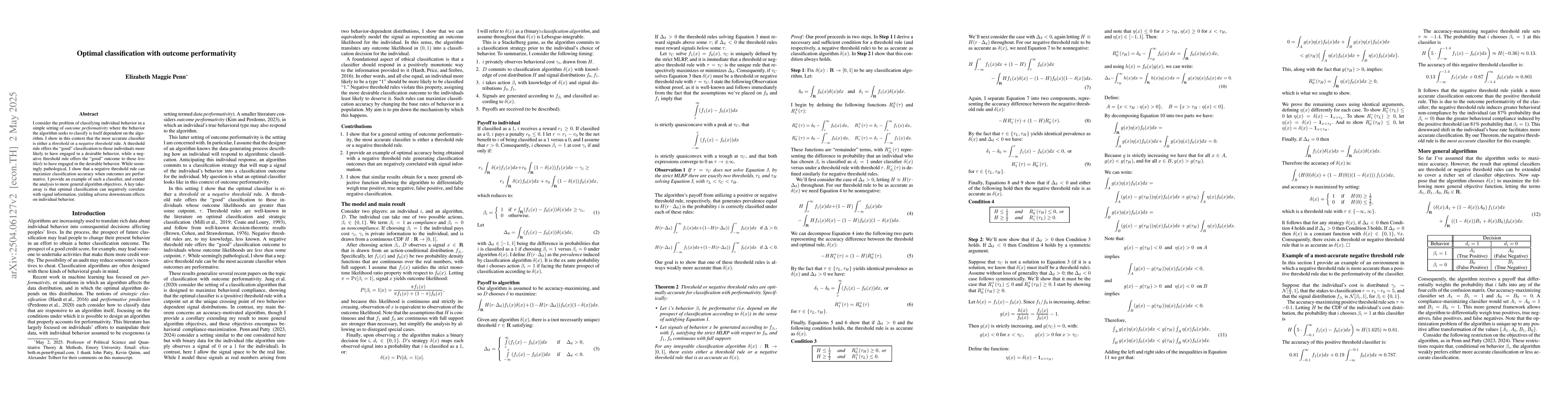 Thumbnail for Optimal classification with outcome performativity