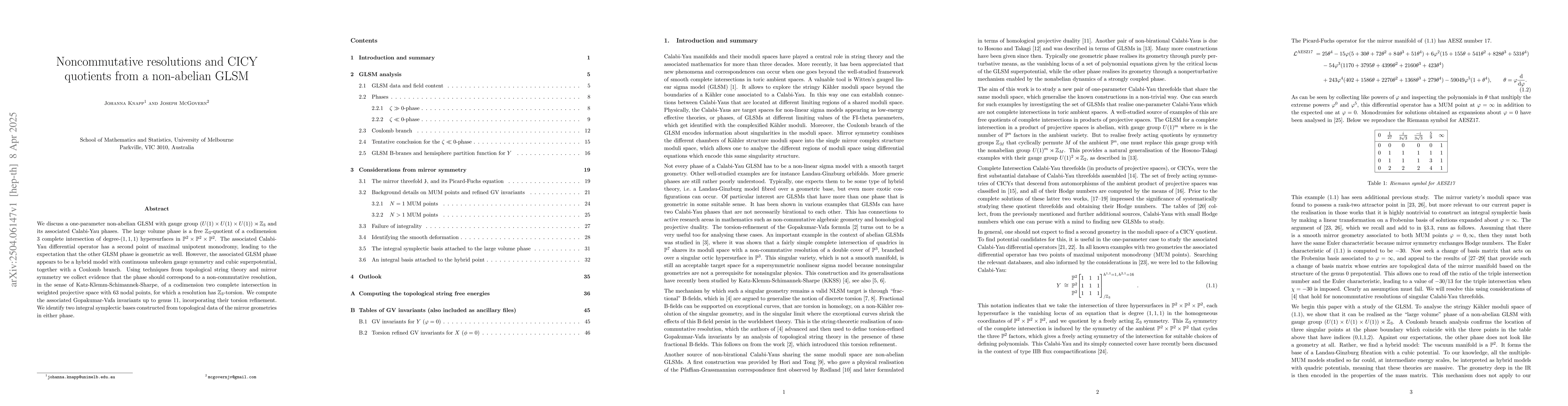 Thumbnail for Noncommutative resolutions and CICY quotients from a non-abelian GLSM