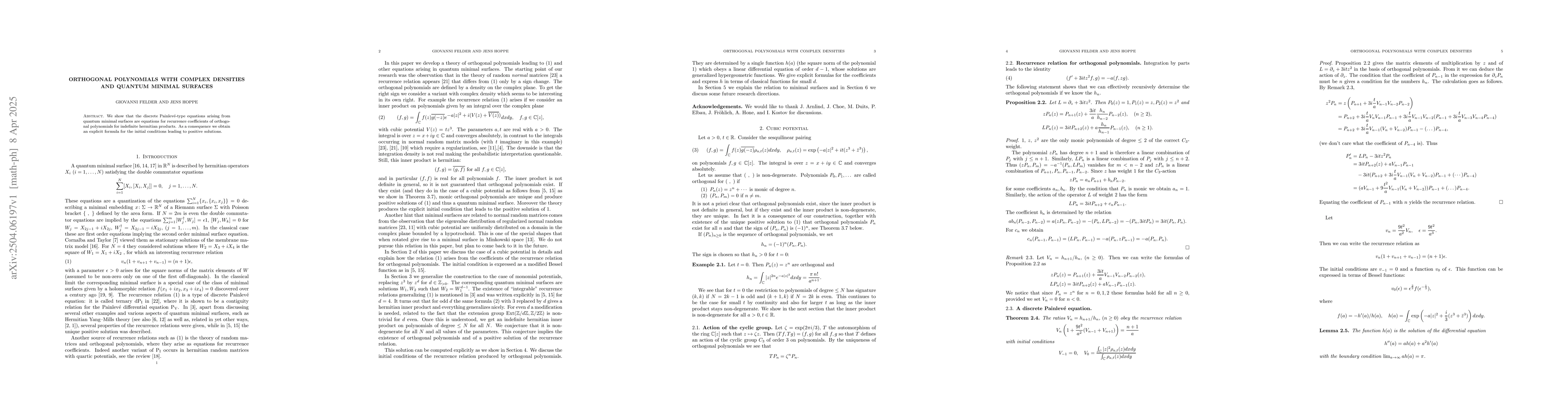 Thumbnail for Orthogonal polynomials with complex densities and quantum minimal
  surfaces