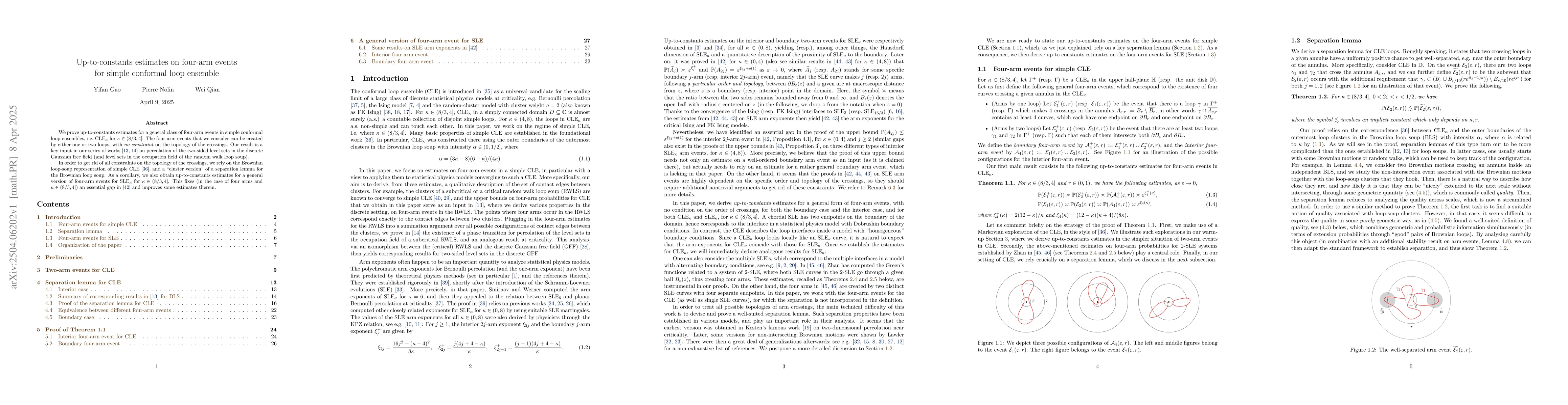 Thumbnail for Up-to-constants estimates on four-arm events for simple conformal loop
  ensemble