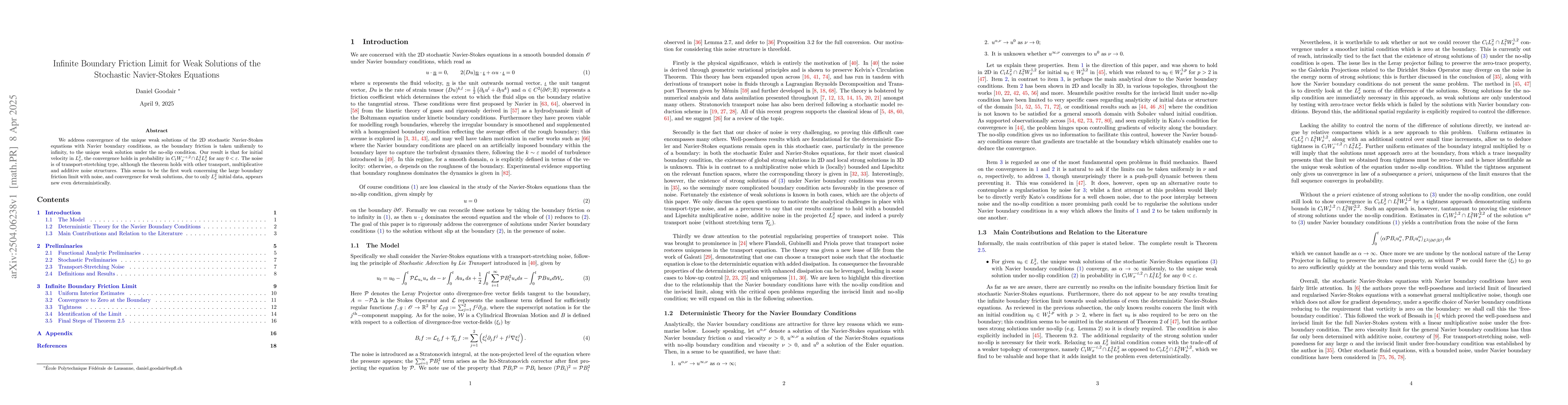 Thumbnail for Infinite Boundary Friction Limit for Weak Solutions of the Stochastic
  Navier-Stokes Equations