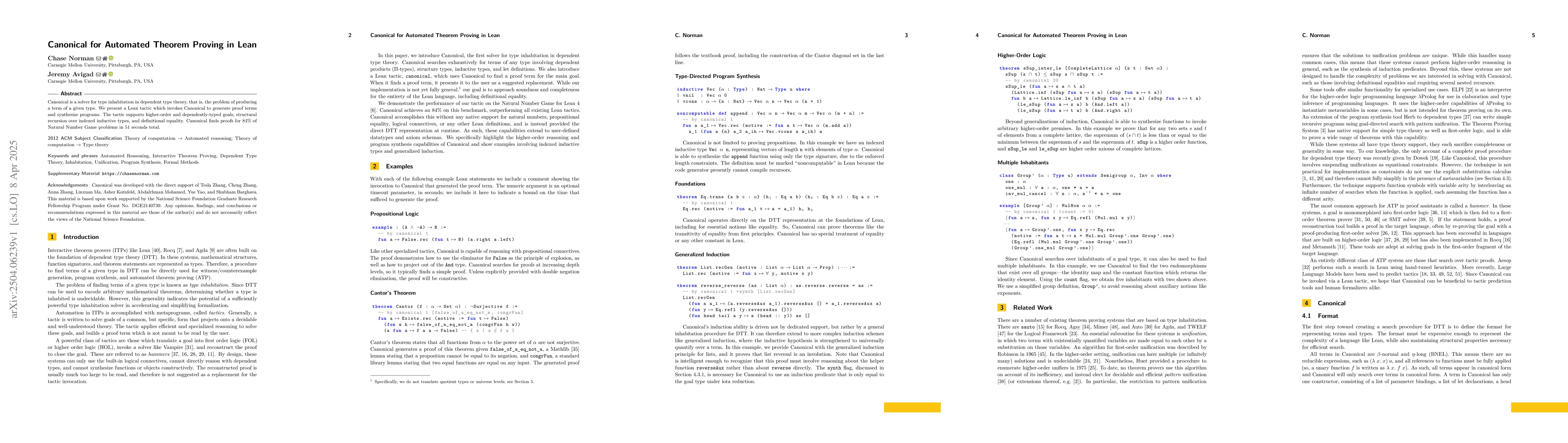 Thumbnail for Canonical for Automated Theorem Proving in Lean
