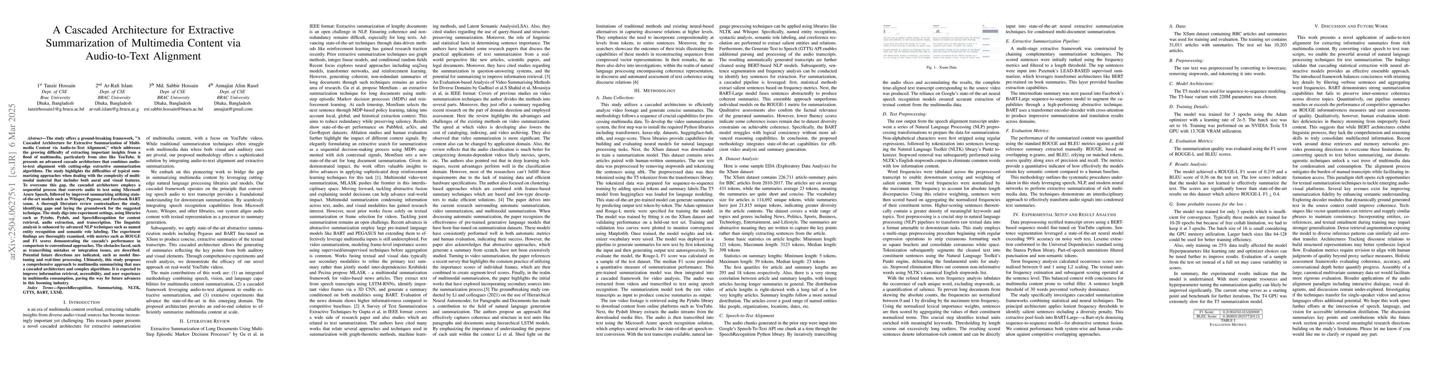 Thumbnail for A Cascaded Architecture for Extractive Summarization of Multimedia
  Content via Audio-to-Text Alignment