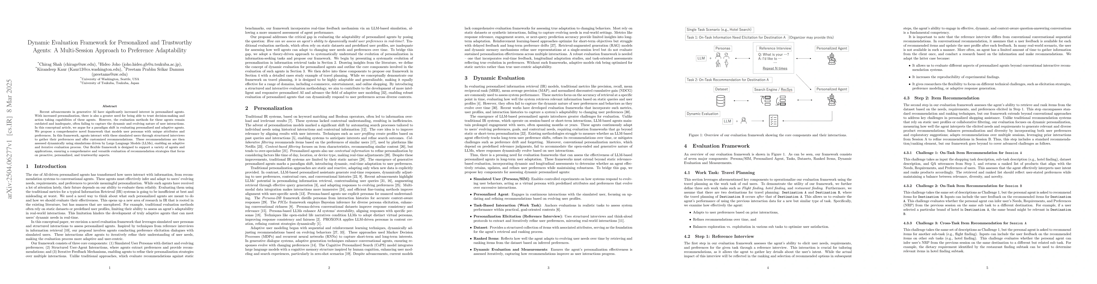 Thumbnail for Dynamic Evaluation Framework for Personalized and Trustworthy Agents: A
  Multi-Session Approach to Preference Adaptability
