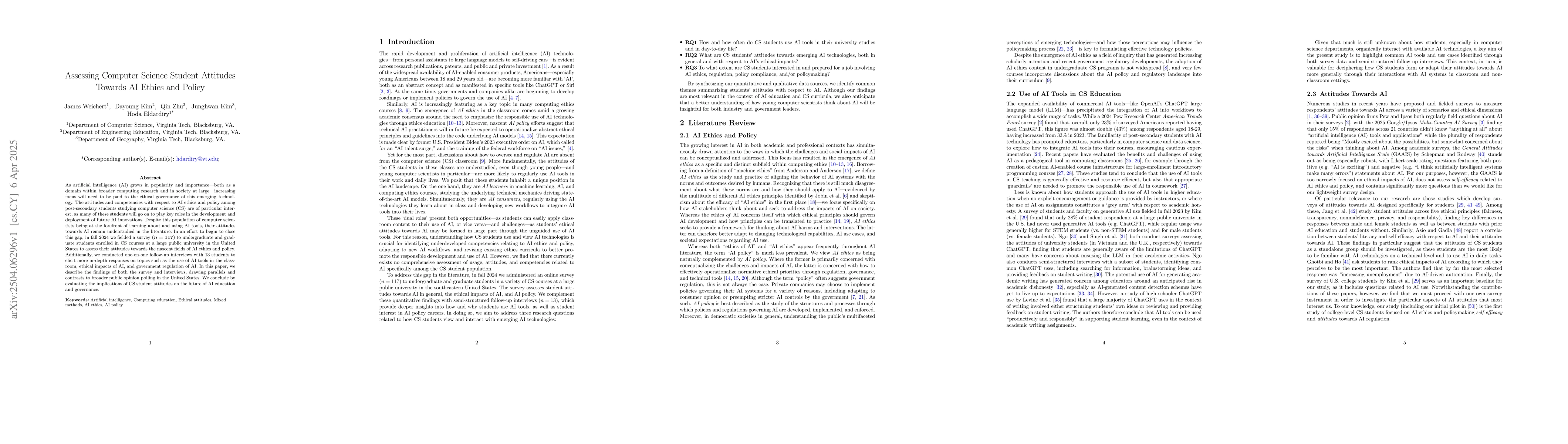 Thumbnail for Assessing Computer Science Student Attitudes Towards AI Ethics and
  Policy