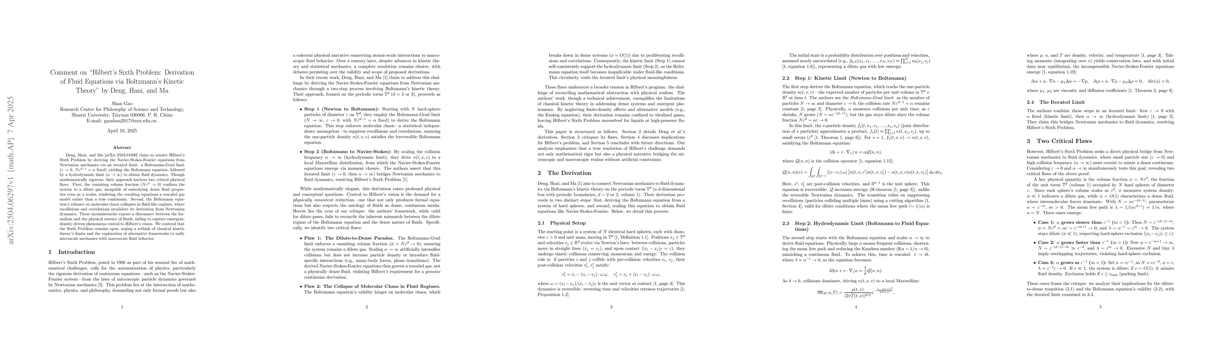 Thumbnail for Comment on "Hilbert's Sixth Problem: Derivation of Fluid Equations via
  Boltzmann's Kinetic Theory" by Deng, Hani, and Ma