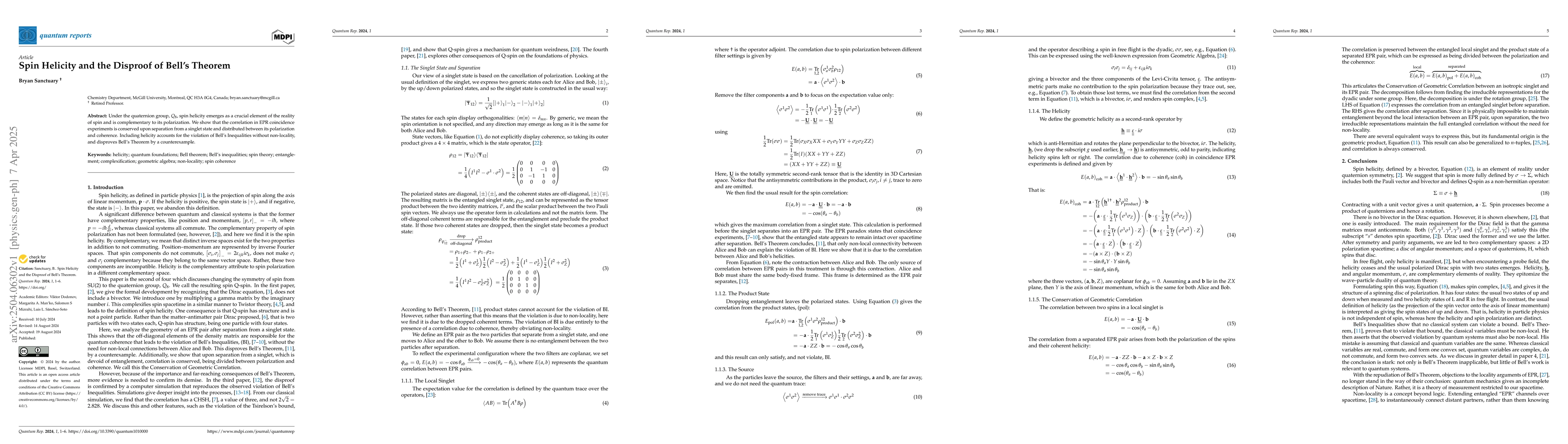 Thumbnail for Spin Helicity and the Disproof of Bell's Theorem