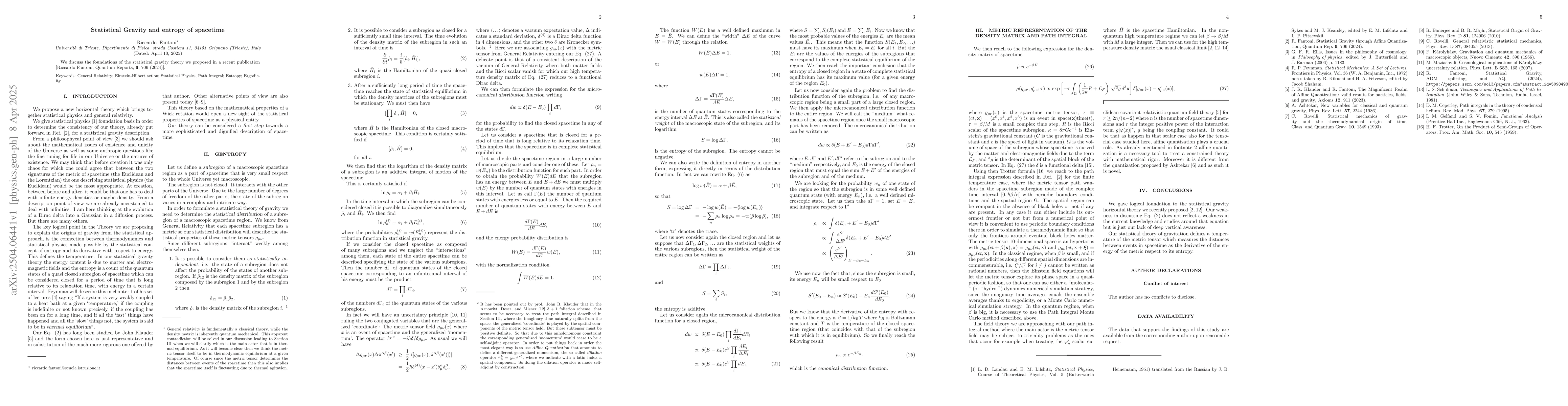Thumbnail for Statistical Gravity and entropy of spacetime