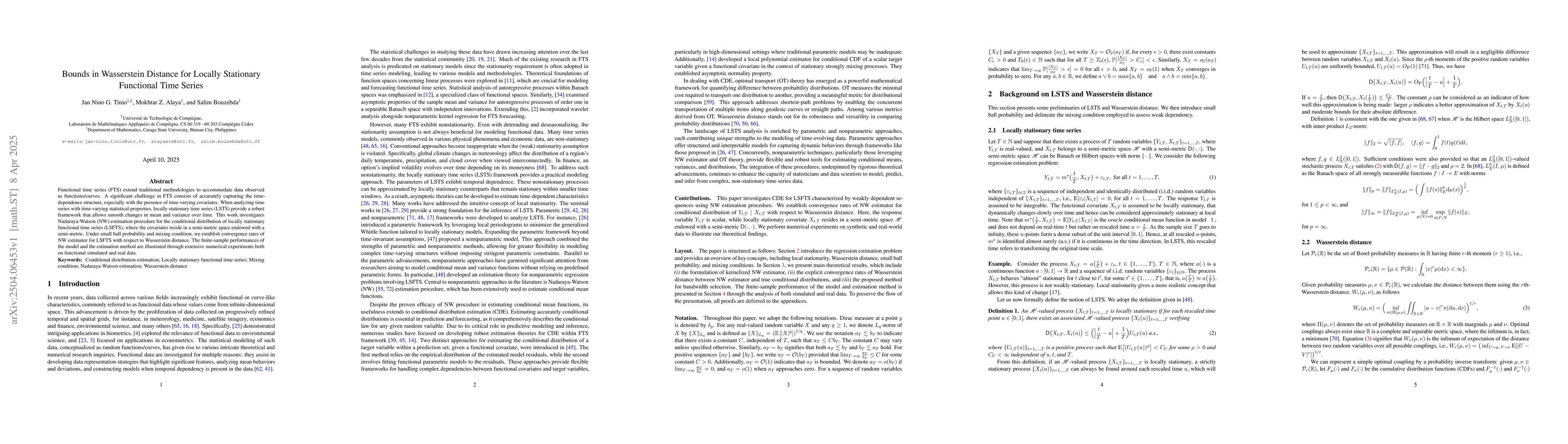 Thumbnail for Bounds in Wasserstein Distance for Locally Stationary Functional Time
  Series