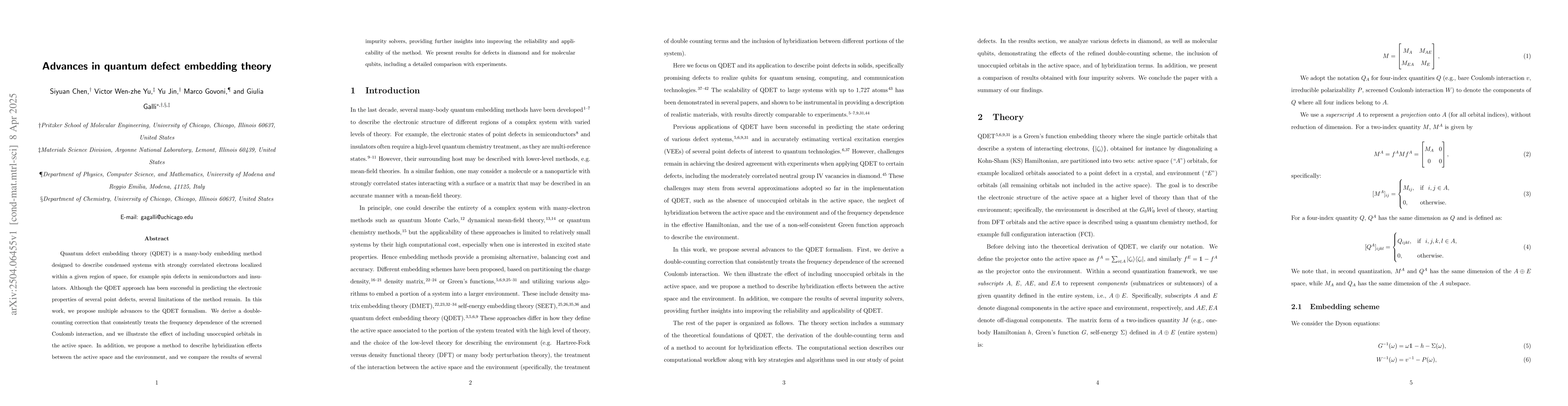 Thumbnail for Advances in quantum defect embedding theory