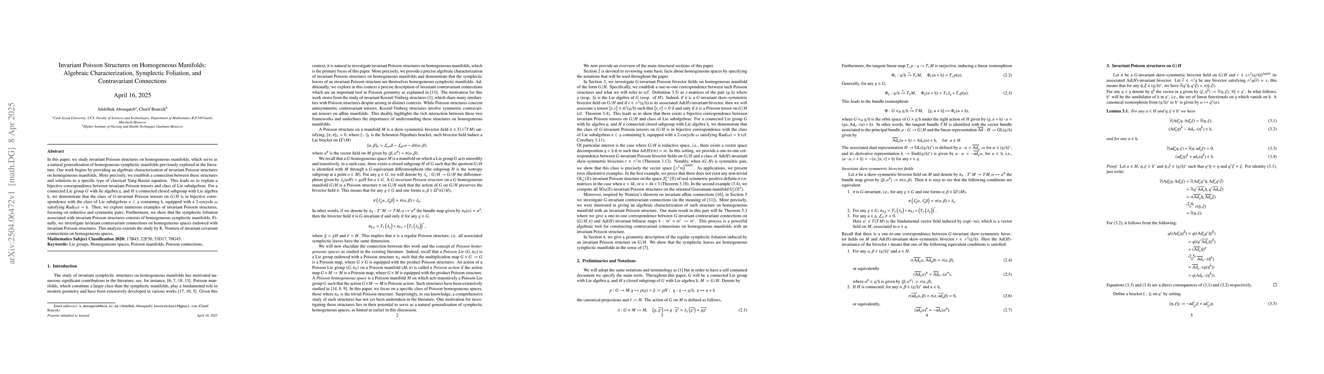 Thumbnail for Invariant Poisson Structures on Homogeneous Manifolds: Algebraic
  Characterization, Symplectic Foliation, and Contravariant Connections