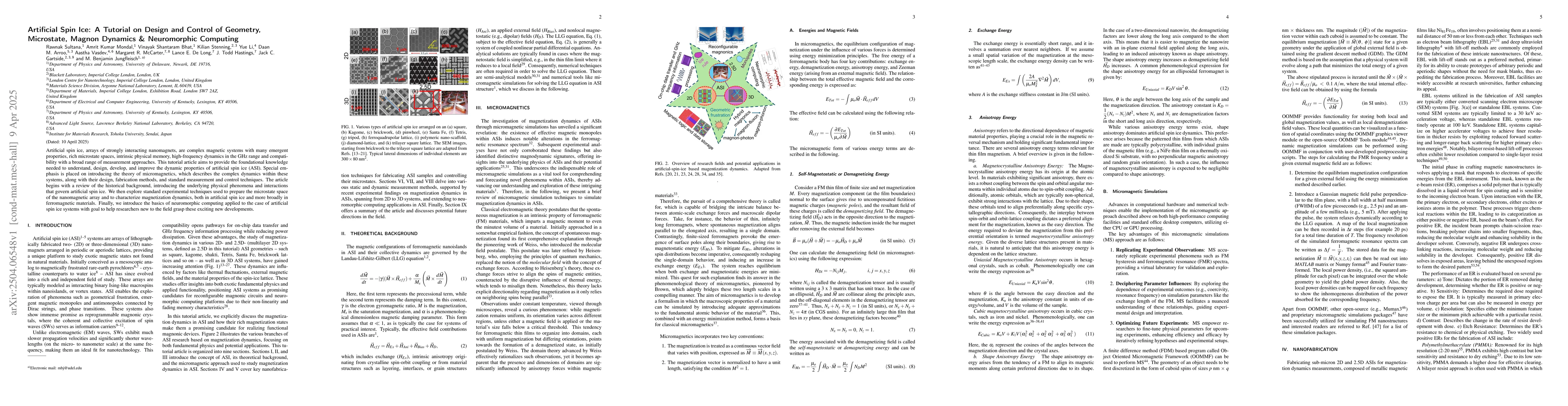 Thumbnail for Artificial Spin Ice: A Tutorial on Design and Control of Geometry,
  Microstate, Magnon Dynamics & Neuromorphic Computing