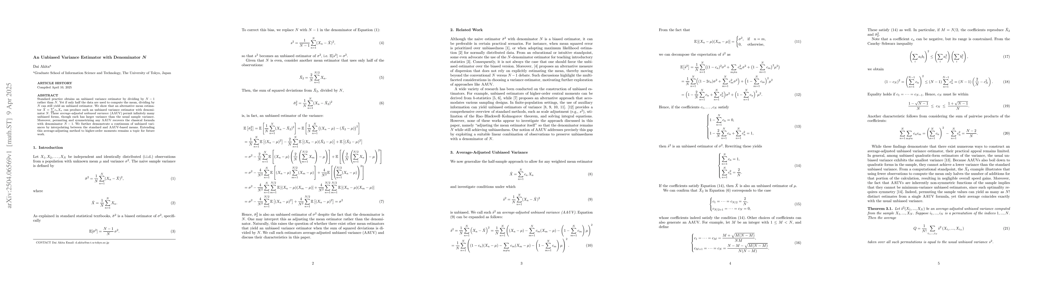 Thumbnail for An Unbiased Variance Estimator with Denominator $N$
