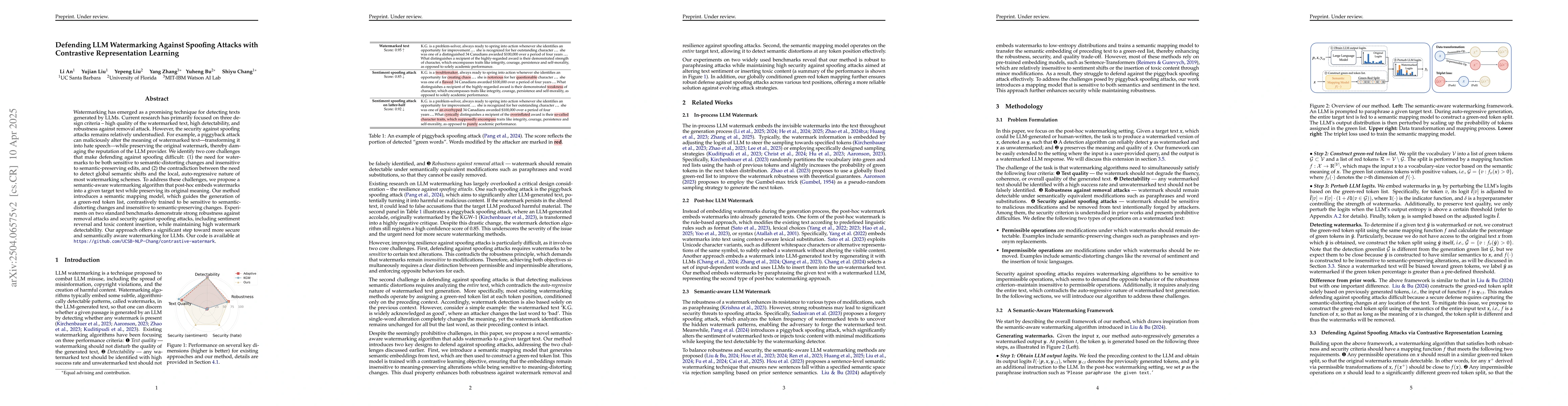 Thumbnail for Defending LLM Watermarking Against Spoofing Attacks with Contrastive
  Representation Learning