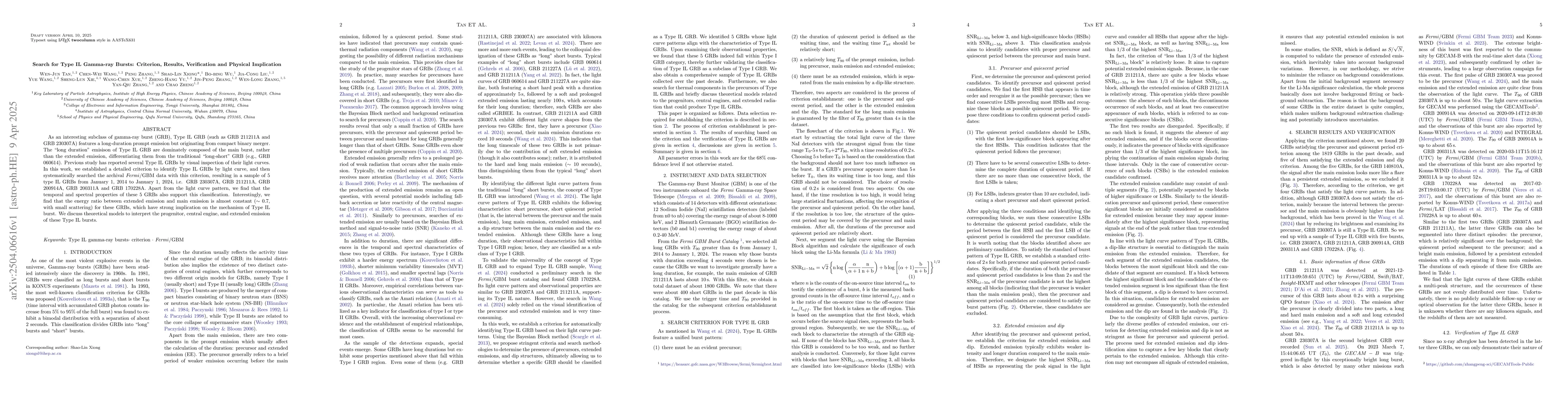 Thumbnail for Search for Type IL Gamma-ray Bursts: Criterion, Results, Verification
  and Physical Implication
