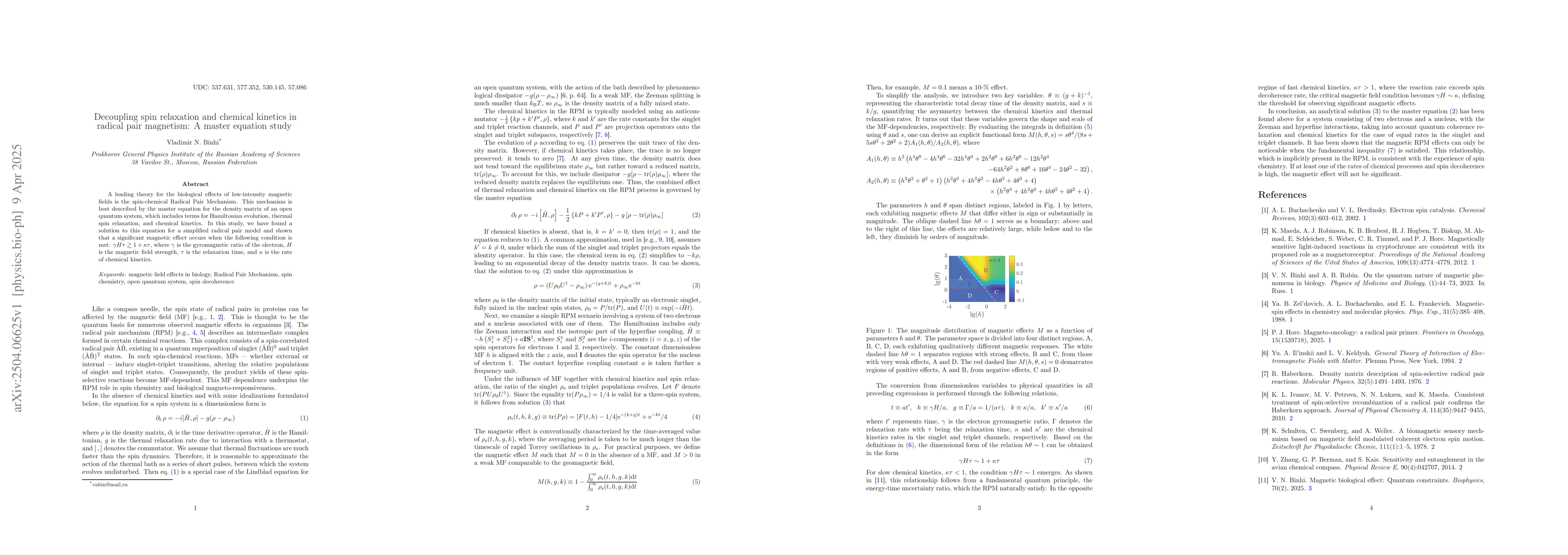 Thumbnail for Decoupling spin relaxation and chemical kinetics in radical pair
  magnetism: A master equation study