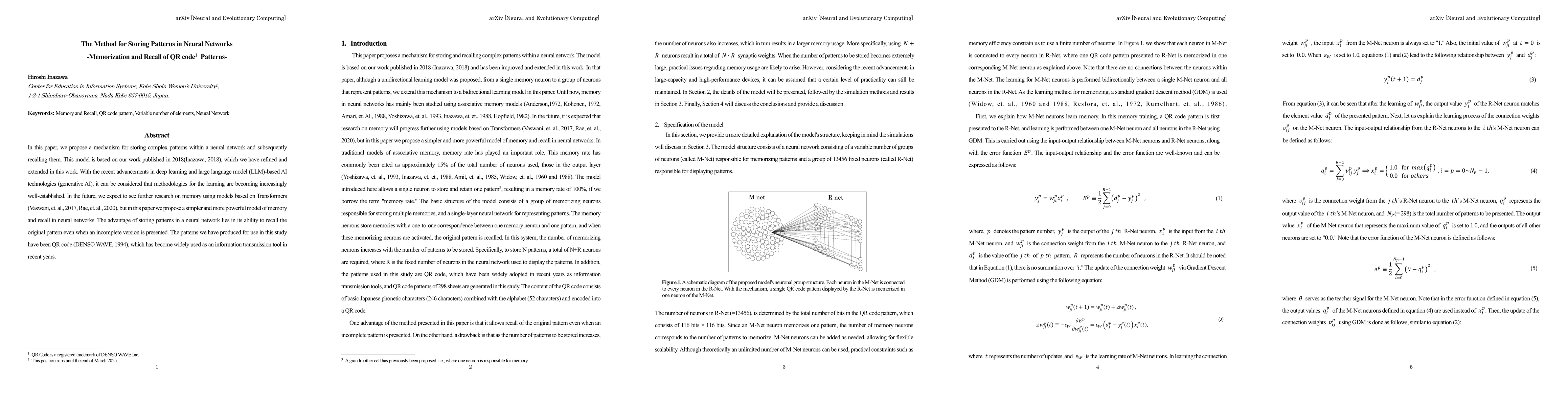 Thumbnail for The Method for Storing Patterns in Neural Networks-Memorization and
  Recall of QR code Patterns-