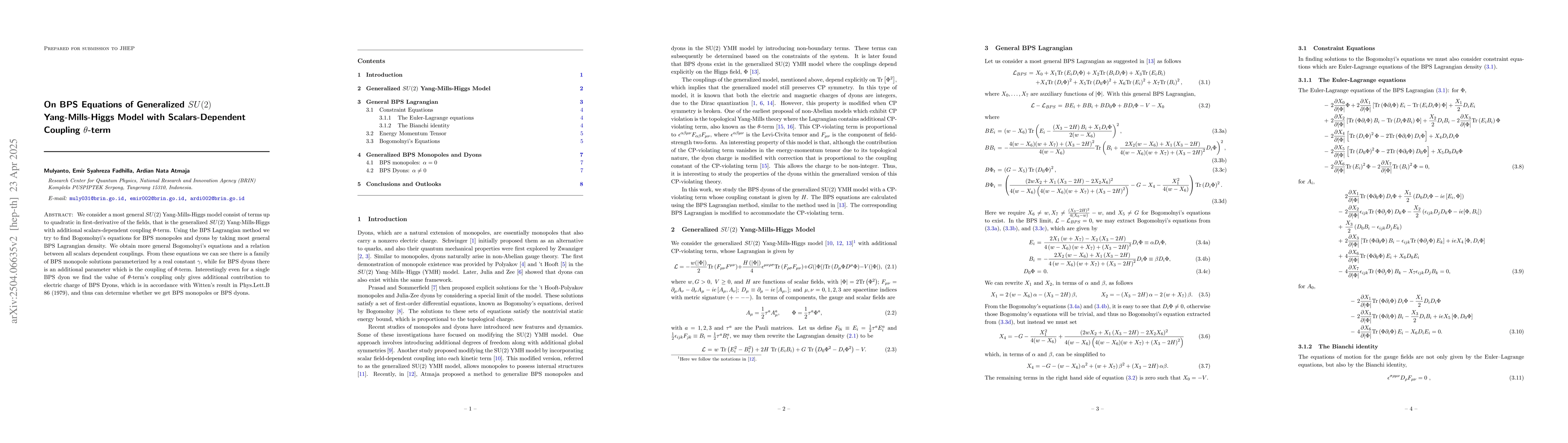 Thumbnail for On BPS Equations of Generalized $SU(2)$ Yang-Mills-Higgs Model with
  Scalars-Dependent Coupling $θ$-term