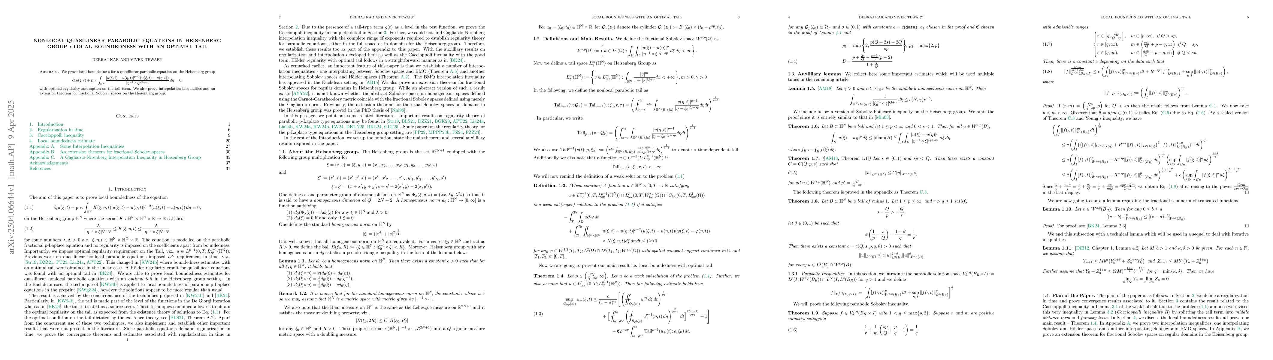 Thumbnail for Nonlocal Quasilinear Parabolic Equations in Heisenberg Group: Local
  Boundedness with an Optimal Tail