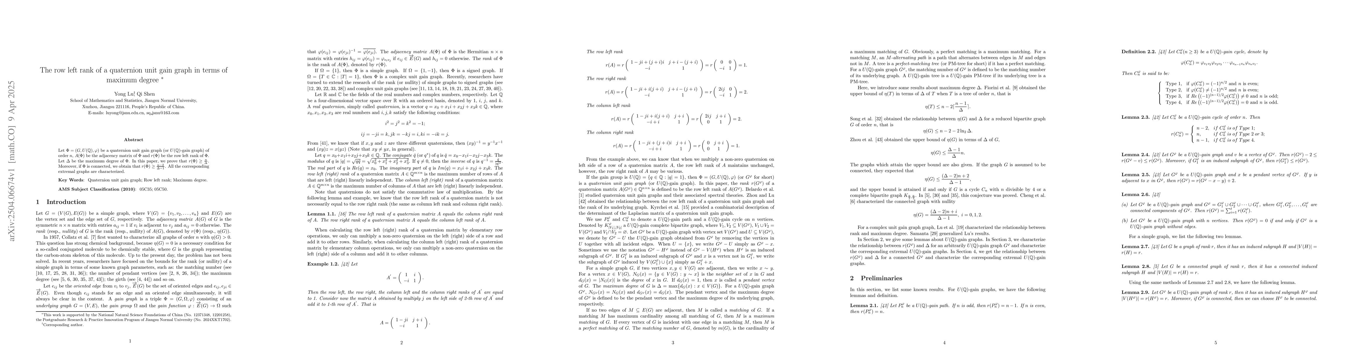 Thumbnail for The row left rank of a quaternion unit gain graph in terms of maximum
  degree