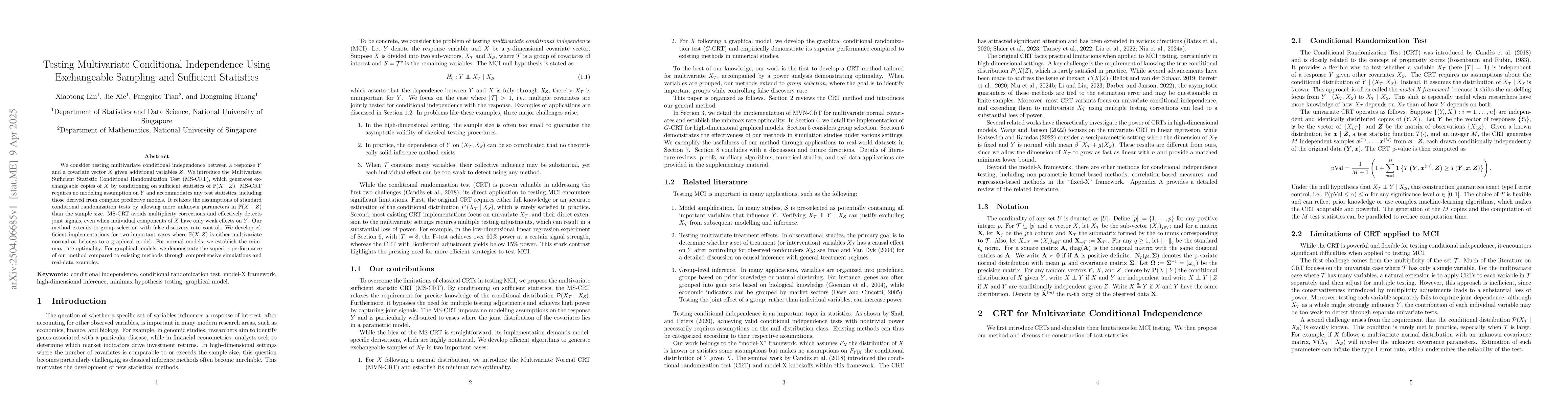 Thumbnail for Testing Multivariate Conditional Independence Using Exchangeable
  Sampling and Sufficient Statistics
