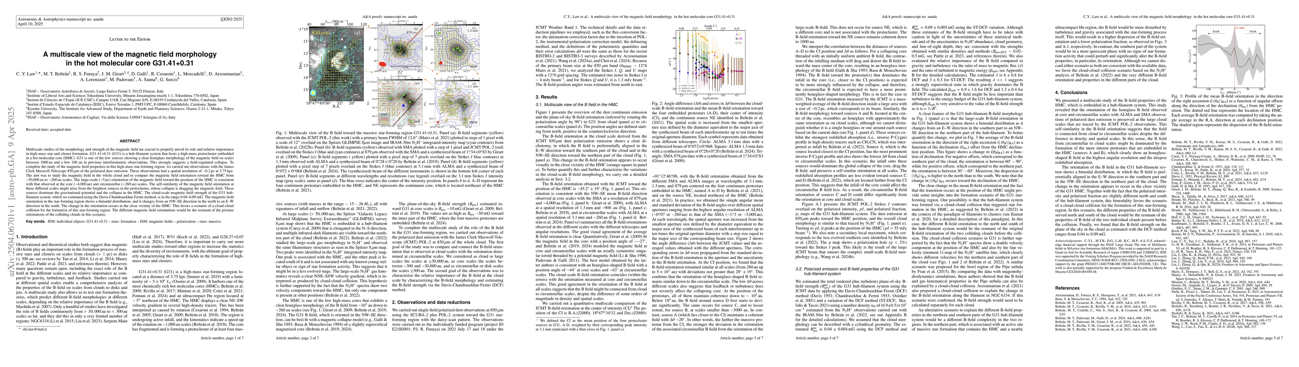 Thumbnail for A multi-scale view of the magnetic field morphology in the hot molecular
  core G31.41+0.31