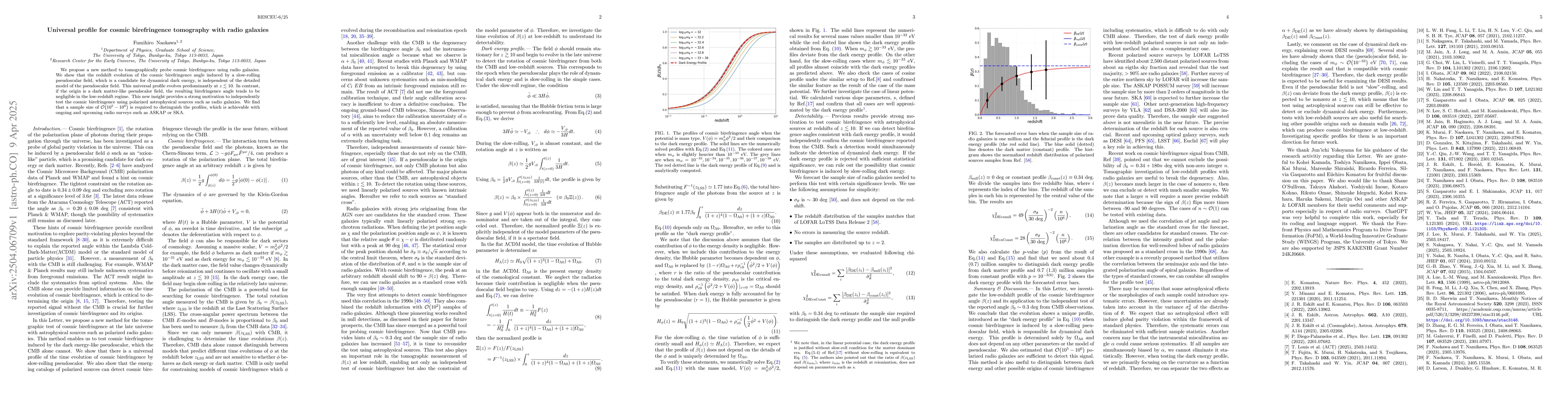 Thumbnail for Universal profile for cosmic birefringence tomography with radio
  galaxies