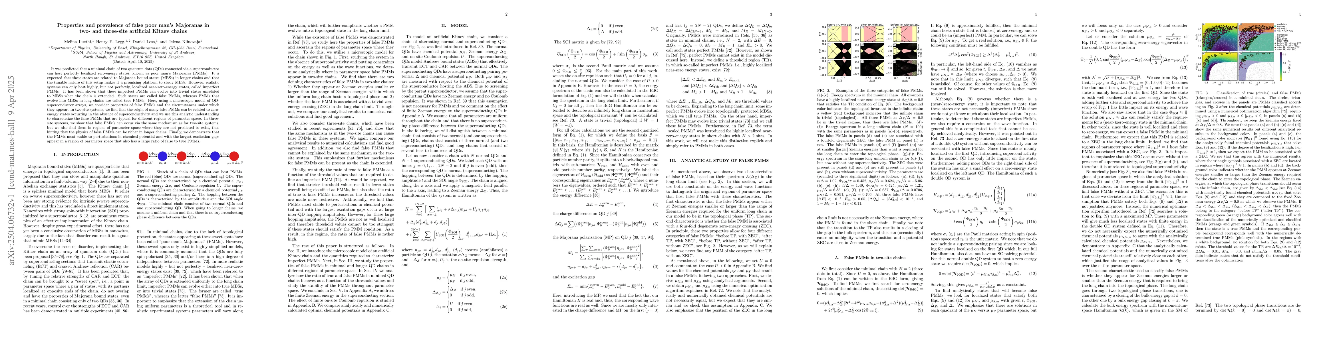 Thumbnail for Properties and prevalence of false poor man's Majoranas in two- and
  three-site artificial Kitaev chains