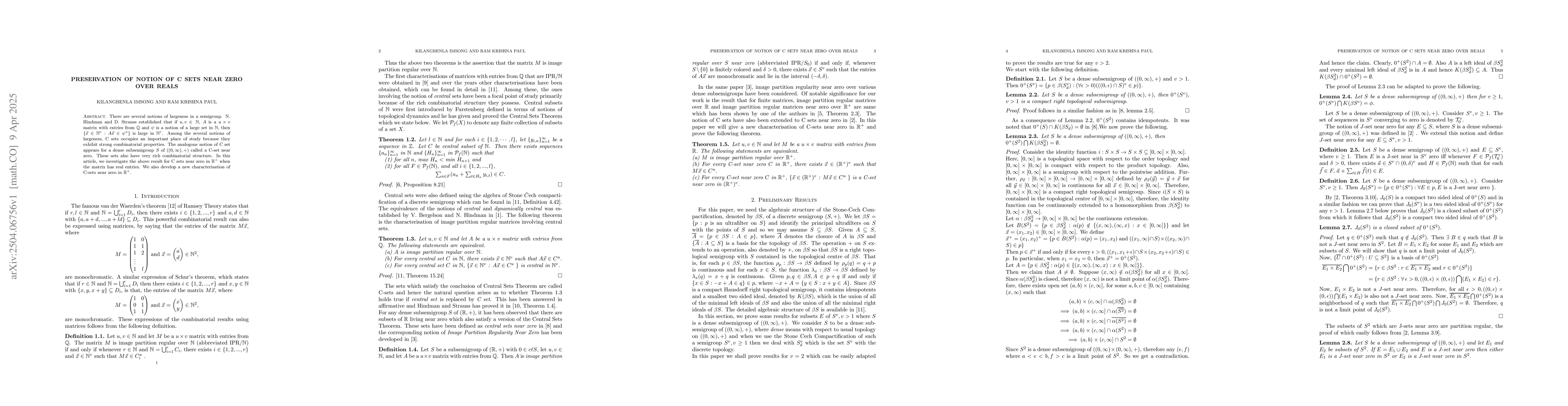 Thumbnail for Preservation of notion of C sets near zero over reals