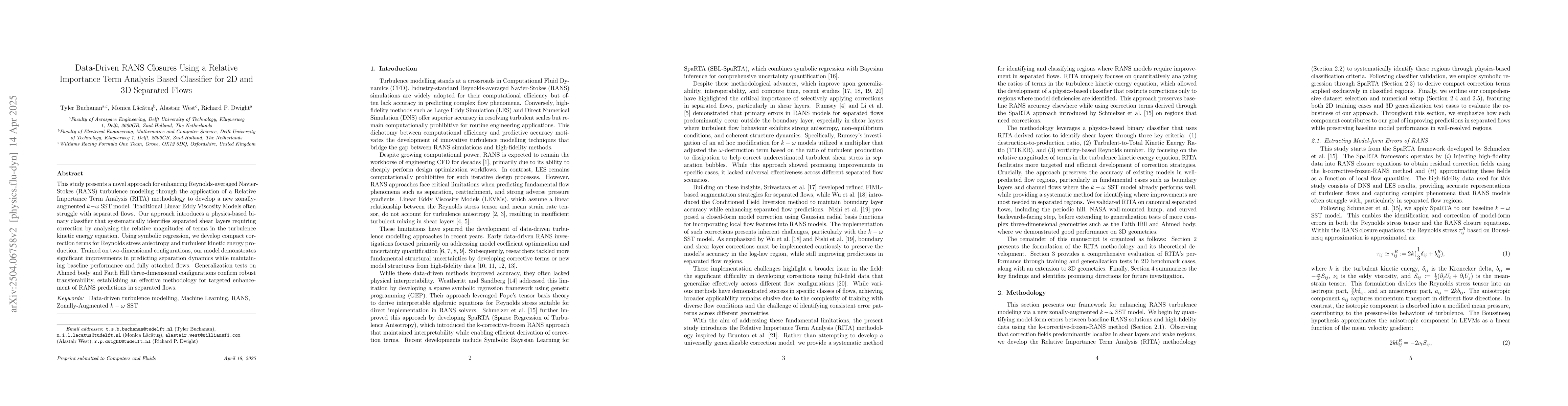 Thumbnail for Data-Driven RANS Closures Using a Relative Importance Term Analysis
  Based Classifier for 2D and 3D Separated Flows