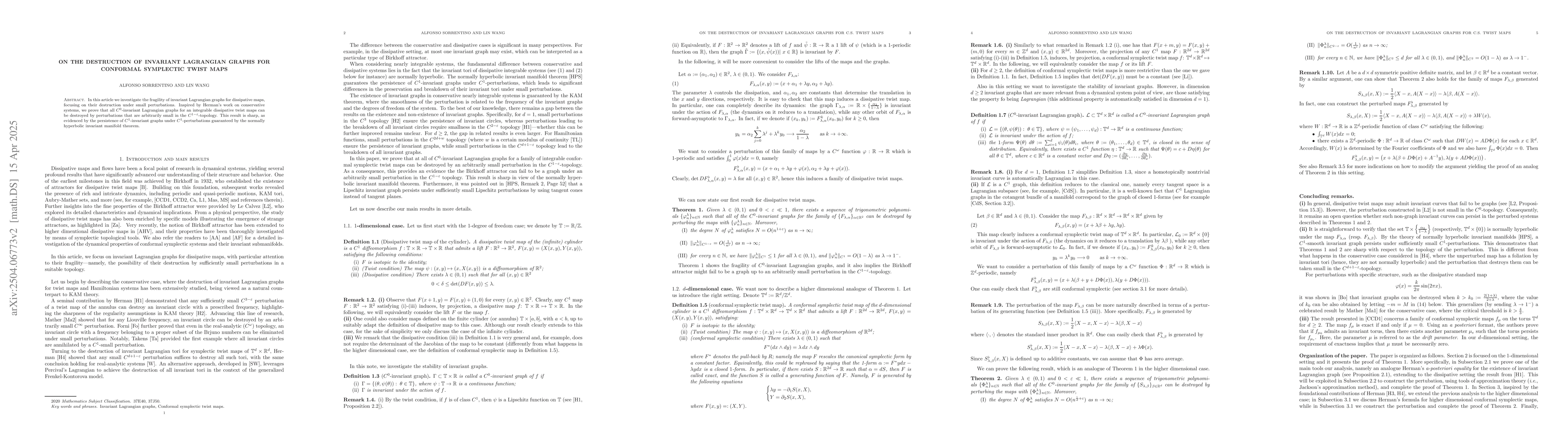 Thumbnail for On the Destruction of Invariant Lagrangian Graphs for Conformal
  Symplectic Twist Maps