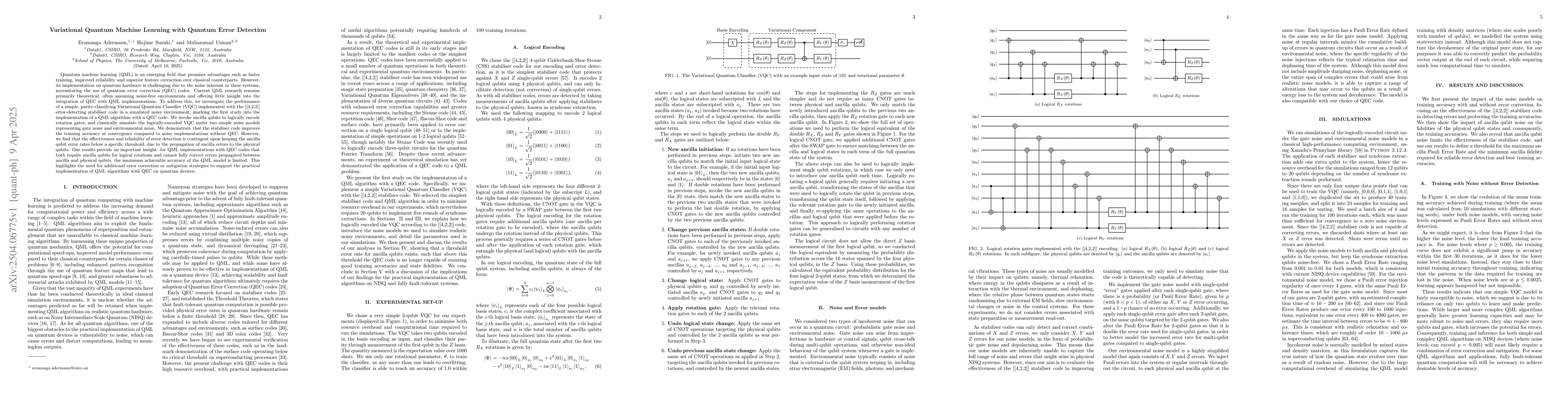 Thumbnail for Variational Quantum Machine Learning with Quantum Error Detection